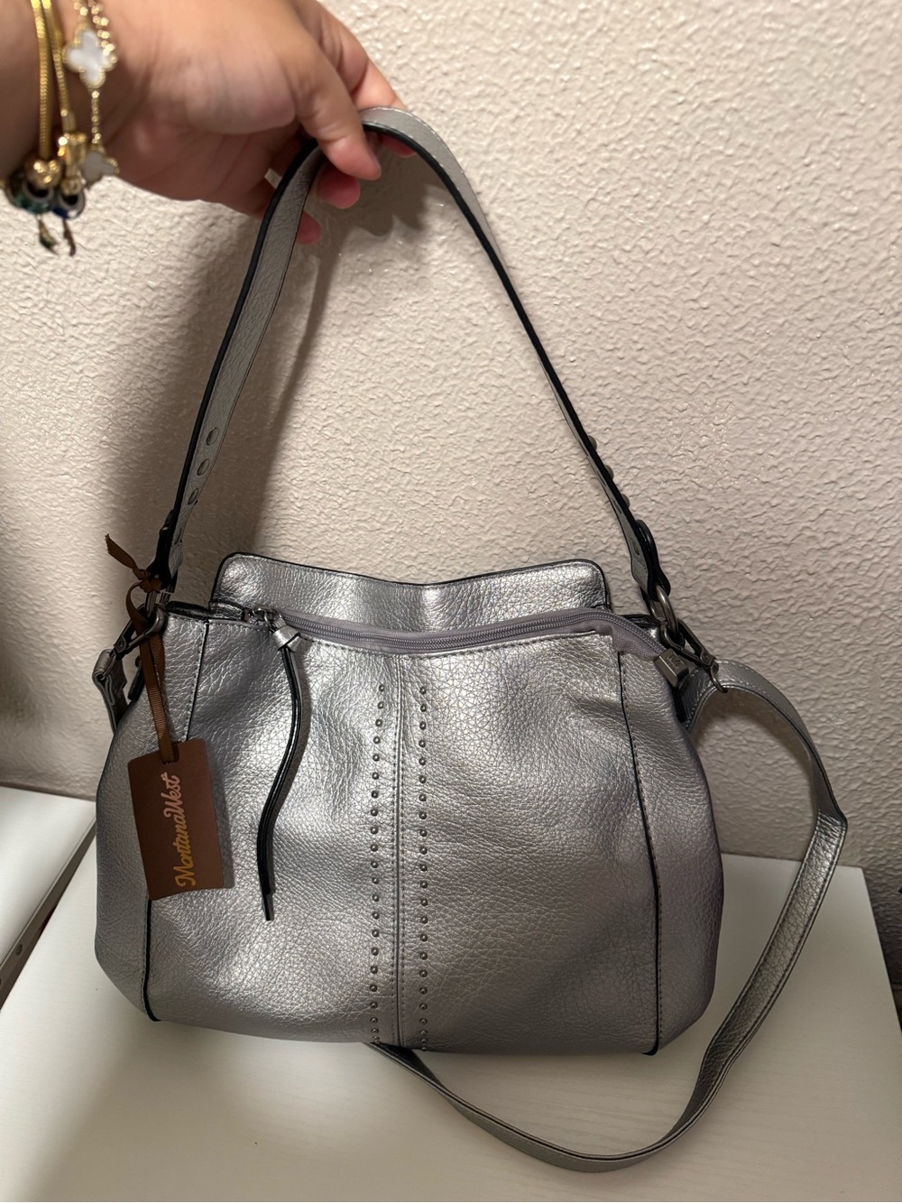 Montana West Metallic Silver Shoulder Bag with Stud Detail